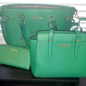 Montana West Classic 3-Piece Handbag Set Grass Green Tote Purse Wallet